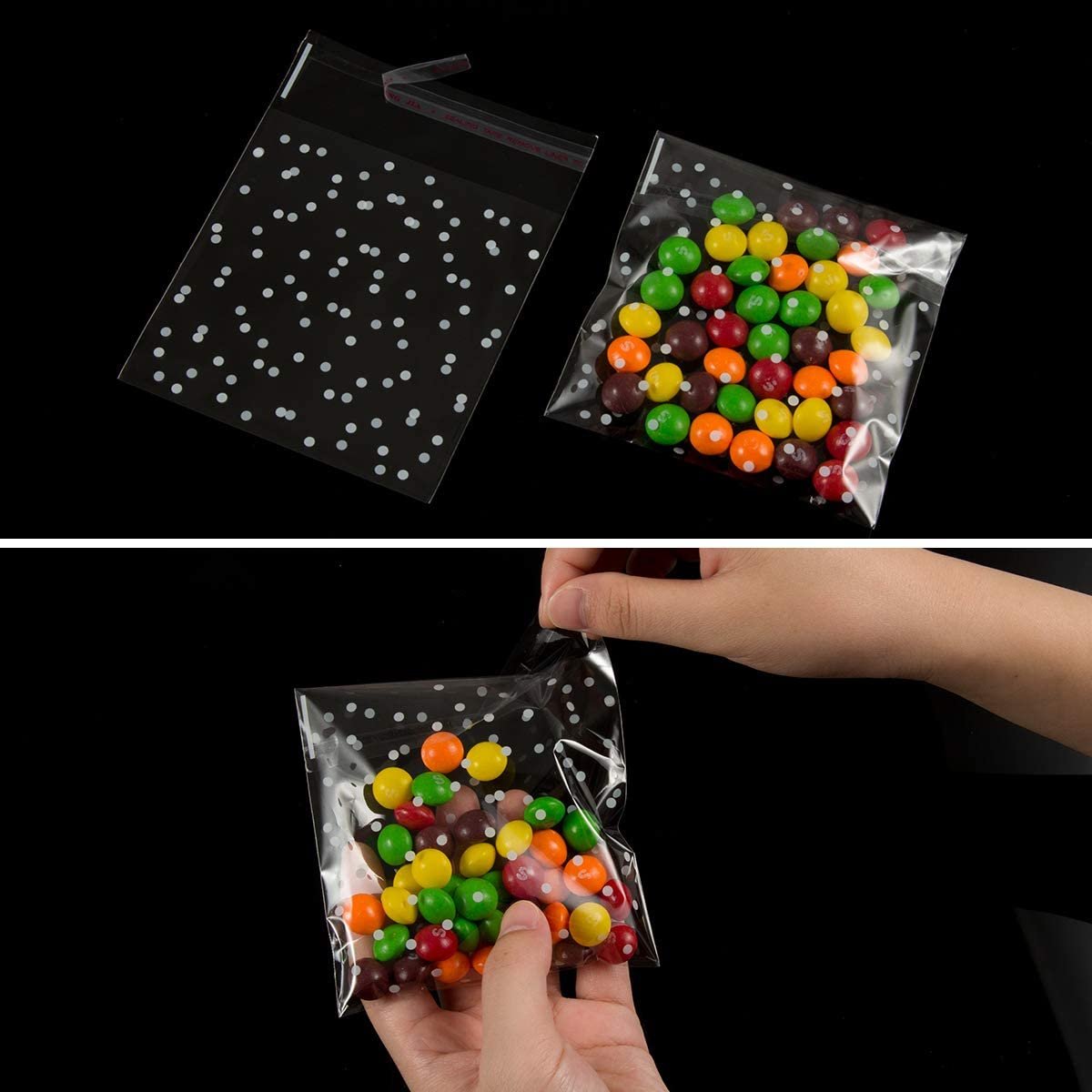 Custom Self Adhesive Cookie Bags Cellophane Bag White Polka Dot Plastic Candy Bags with Thank You Labels