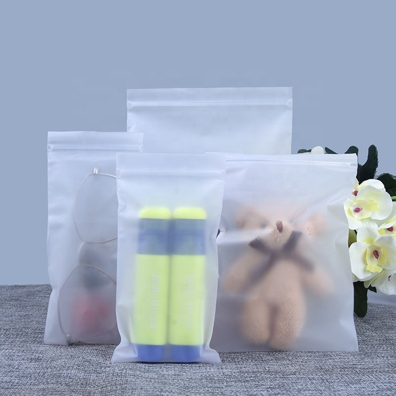 Wholesale custom frosted transparent plastic self adhesive CPE clothing packaging zipper bags with logos