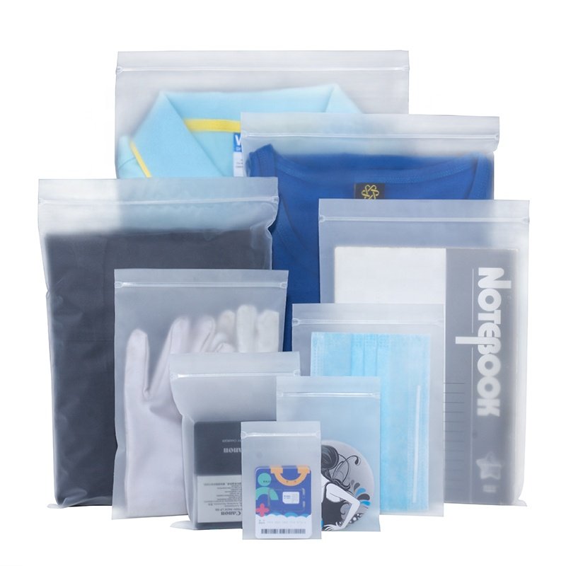 Wholesale custom frosted transparent plastic self adhesive CPE clothing packaging zipper bags with logos