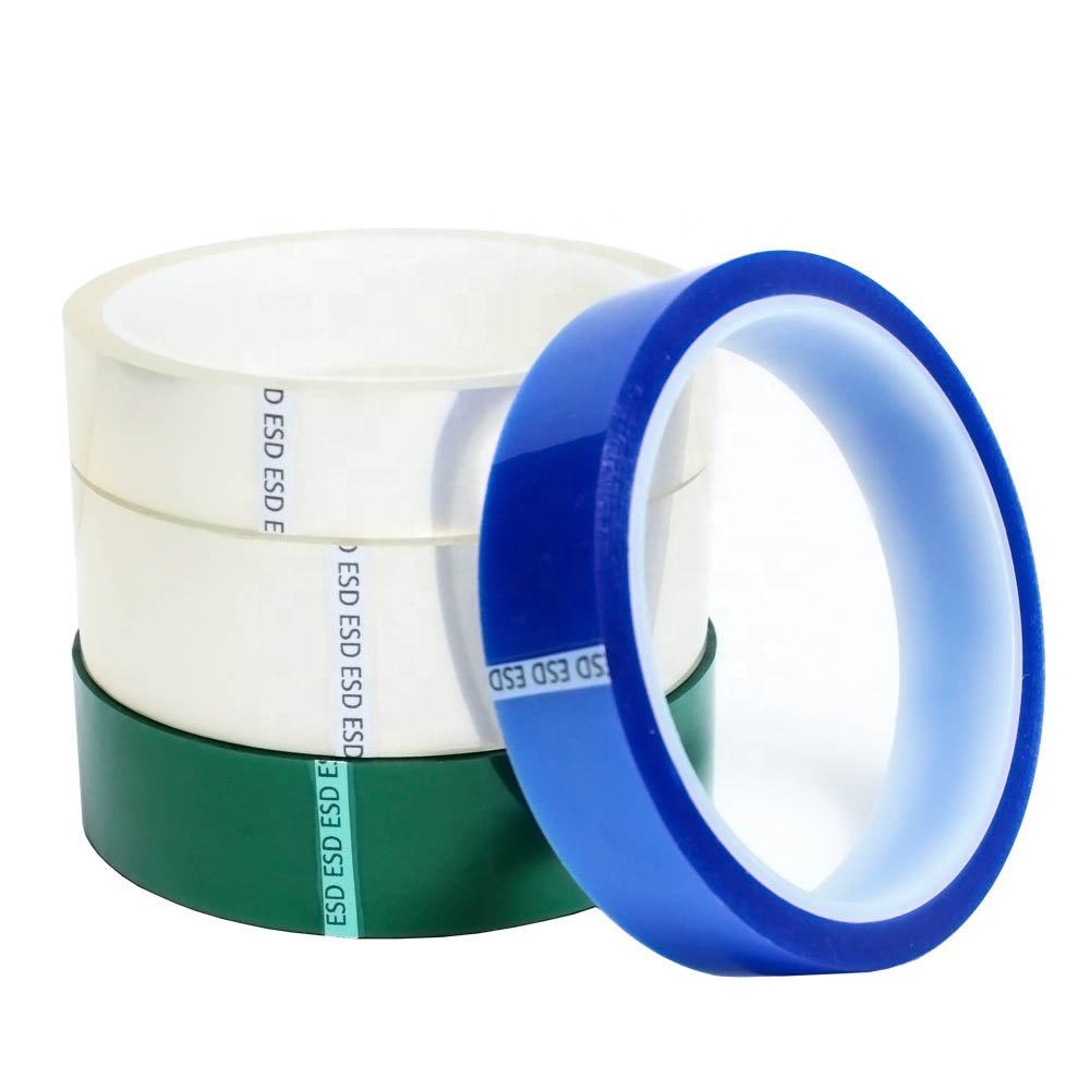 1- High-temp Green Clear Transparent Blue Color Low Static Anti Static ESD Polyester PET Film Silicone Glue Self Adhesive Tape