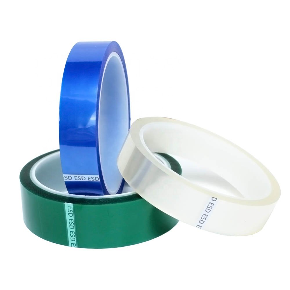 1- High-temp Green Clear Transparent Blue Color Low Static Anti Static ESD Polyester PET Film Silicone Glue Self Adhesive Tape