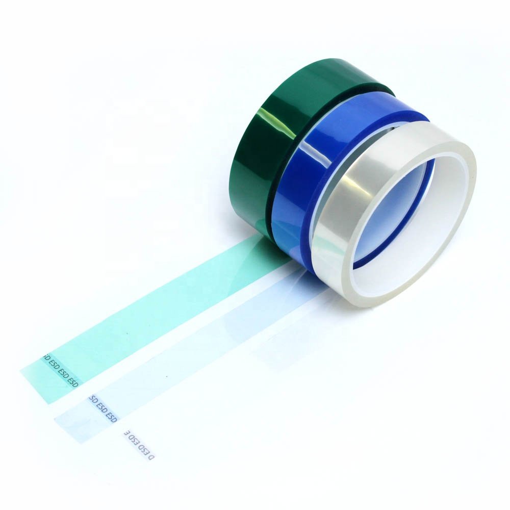 1- High-temp Green Clear Transparent Blue Color Low Static Anti Static ESD Polyester PET Film Silicone Glue Self Adhesive Tape