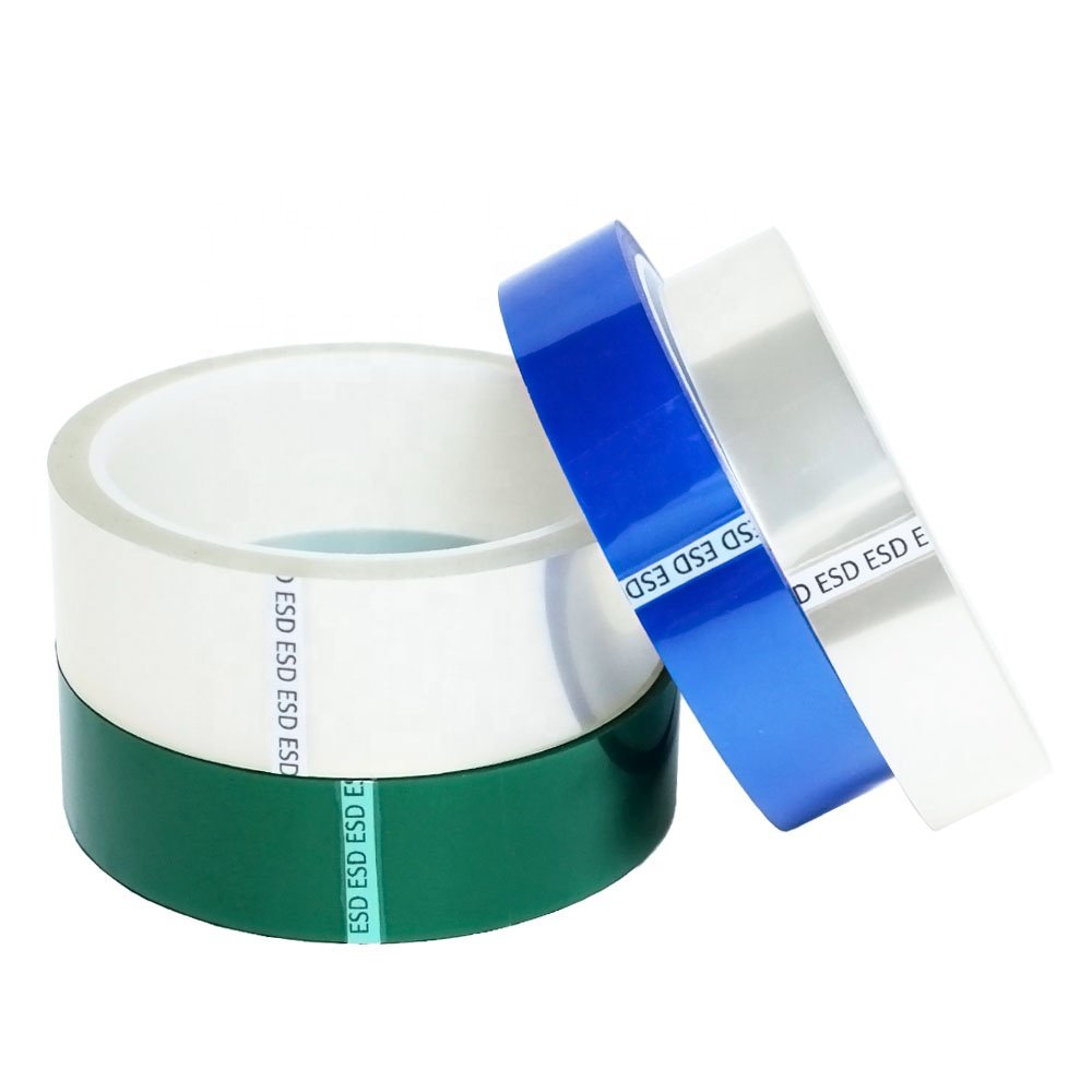1- High-temp Green Clear Transparent Blue Color Low Static Anti Static ESD Polyester PET Film Silicone Glue Self Adhesive Tape