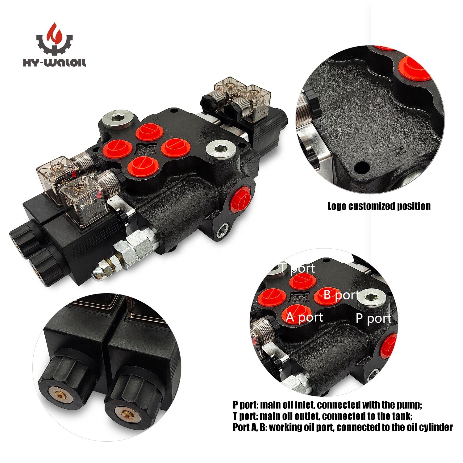 Hy-Waloil 24V Z80 Series 2-Section 80 LPM Monoblock Hydraulic Spool Solenoid Valves for Excavators 3/4" 1/2" Options