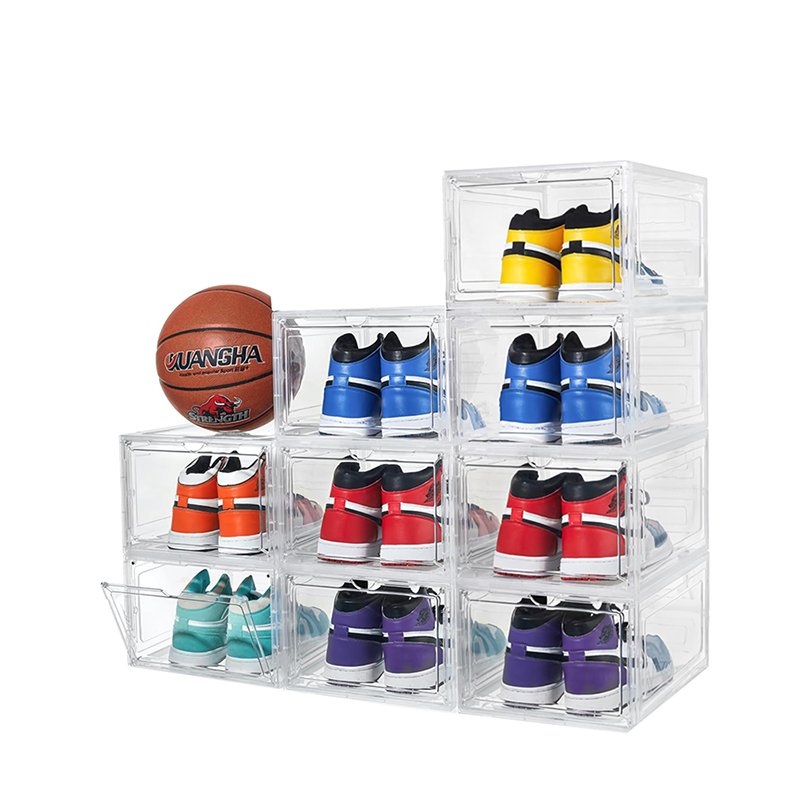 Acrylic Clear Plastic Storage Boxes DIY Stackable Drop Front Shoe Containers Organizer For Sneaker Display Fit up to US Size13