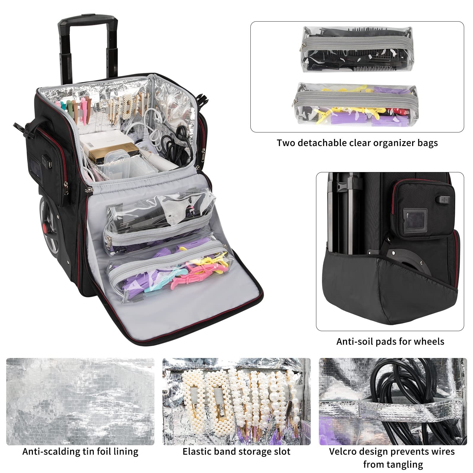 Rolling trolley travel transparent pocket mesh removable heat insulation organizers cosmetic makeup case bag luggage suitcase