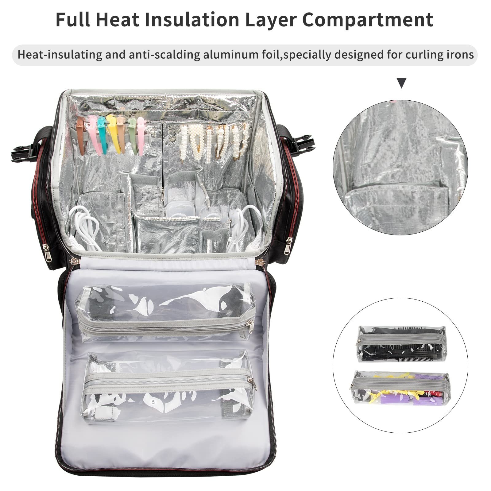 Rolling trolley travel transparent pocket mesh removable heat insulation organizers cosmetic makeup case bag luggage suitcase