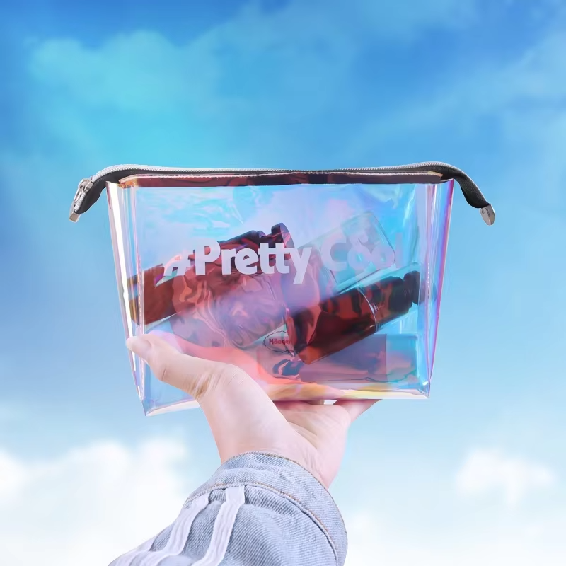 Custom Clear Iridescent Make Up Bag Large Capacity Holographic Travel Cosmetic Bags Plastic Pvc Cosmetic Bag