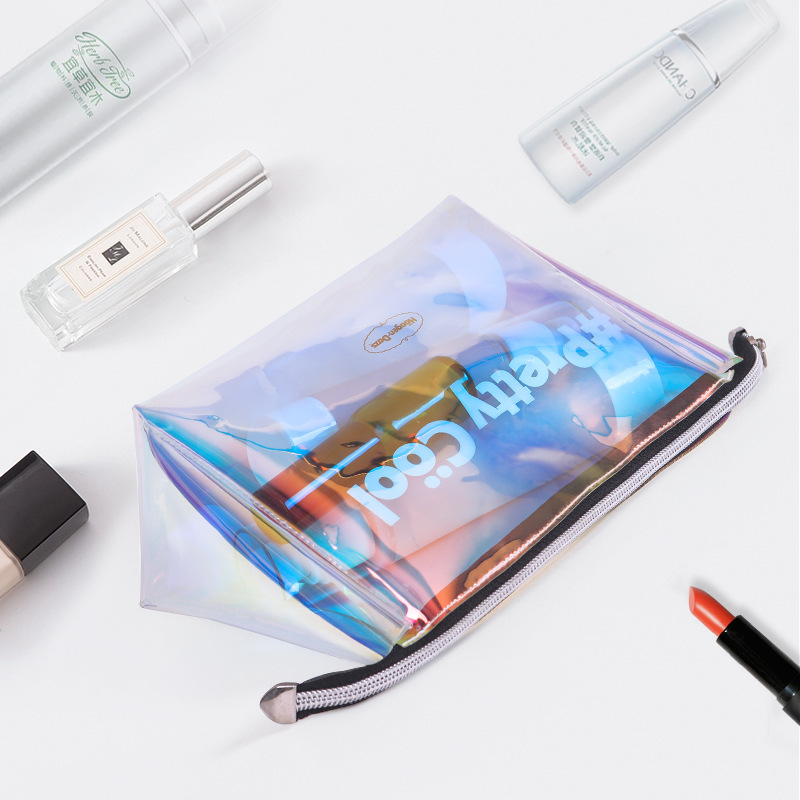Custom Clear Iridescent Make Up Bag Large Capacity Holographic Travel Cosmetic Bags Plastic Pvc Cosmetic Bag