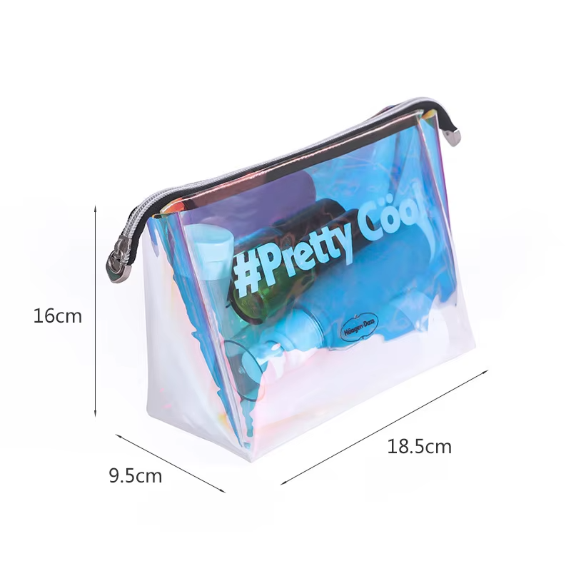 Custom Clear Iridescent Make Up Bag Large Capacity Holographic Travel Cosmetic Bags Plastic Pvc Cosmetic Bag