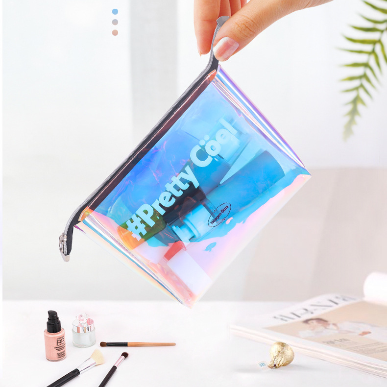 Custom Clear Iridescent Make Up Bag Large Capacity Holographic Travel Cosmetic Bags Plastic Pvc Cosmetic Bag
