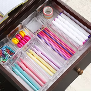 JUMEIJIA Clear Plastic Bathroom Drawer Trays Stackable Desk Makeup Drawer Dividers Organizer