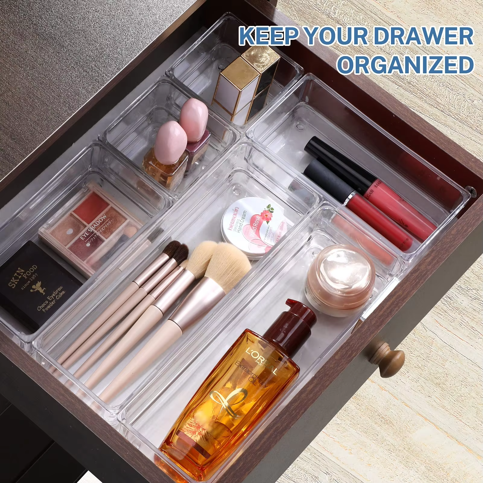 JUMEIJIA Clear Plastic Bathroom Drawer Trays Stackable Desk Makeup Drawer Dividers Organizer