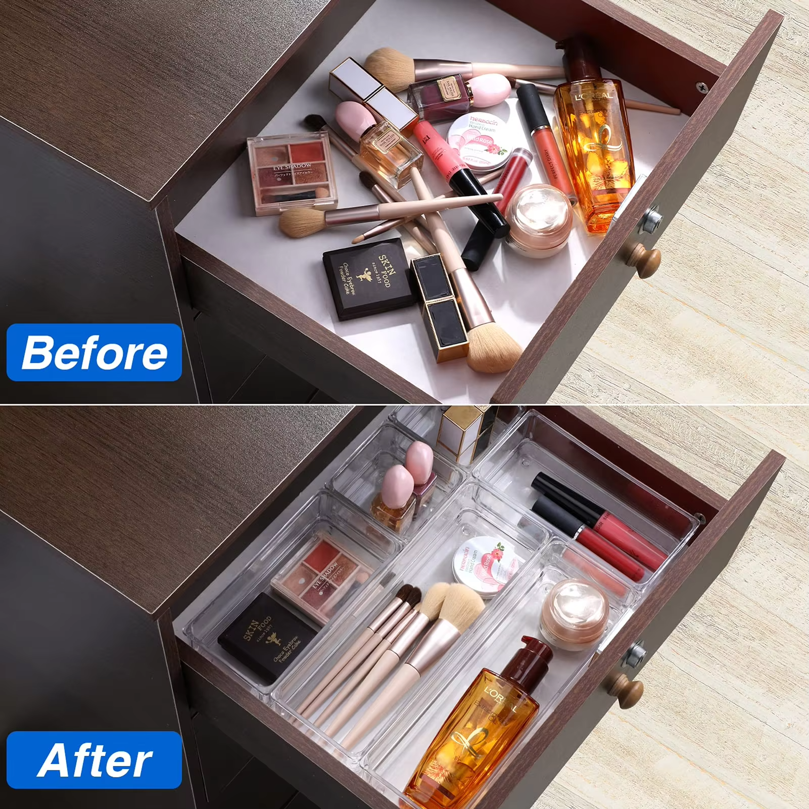 JUMEIJIA Clear Plastic Bathroom Drawer Trays Stackable Desk Makeup Drawer Dividers Organizer