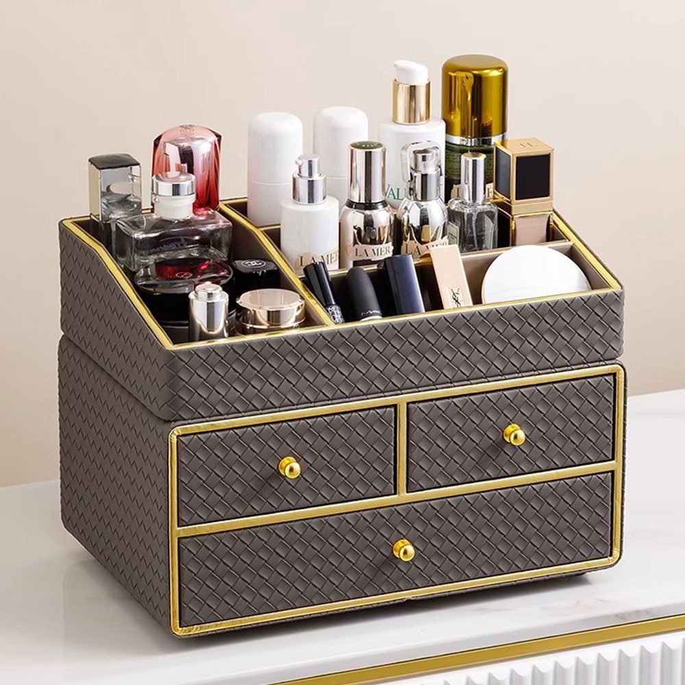 Wholesale Classic Leather Multifunctional Jewelry Makeup Organizer Desktop Storage Box with Drawers for Dressing Table