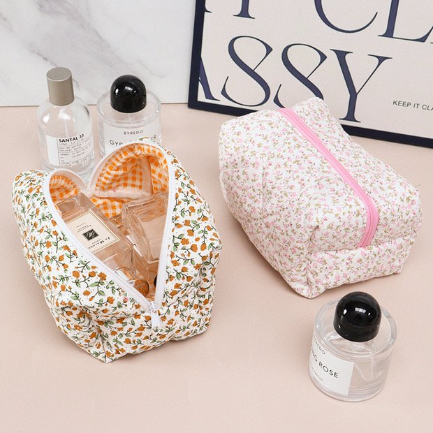 Winter Eco Friendly Cotton Floral Makeup Bag Aesthetic Organic Quilting-Travel Skincare Pouch Bag