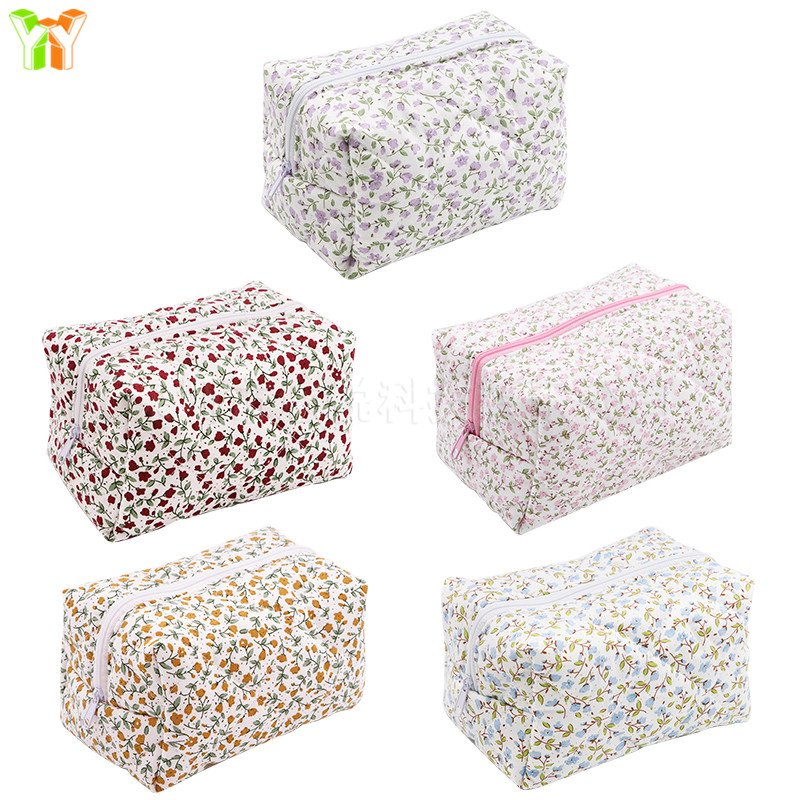 Winter Eco Friendly Cotton Floral Makeup Bag Aesthetic Organic Quilting-Travel Skincare Pouch Bag