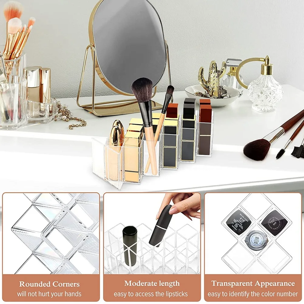 16 Grid Acrylic Makeup Organizer Storage Case Plastic Cosmetic Lipstick Jewelry Box with Lipstick Storage Makeup Brushes Holder