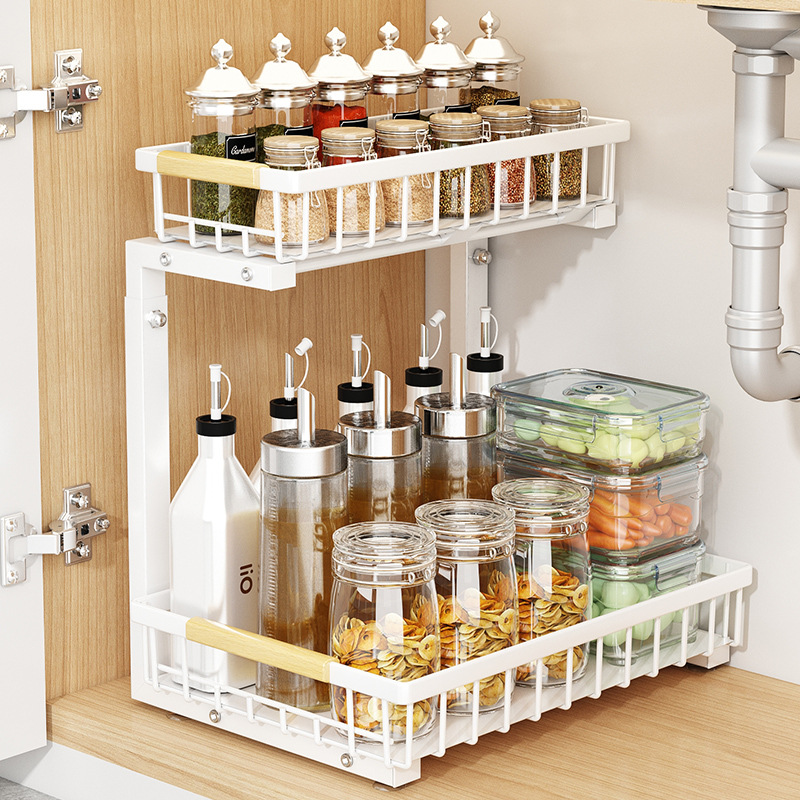 Kitchen Cabinet Metal Steel Under Sink Organizers And Storage 2 Tier Pull Out Cabinet Sink Dishes Drainer Storage Organizer