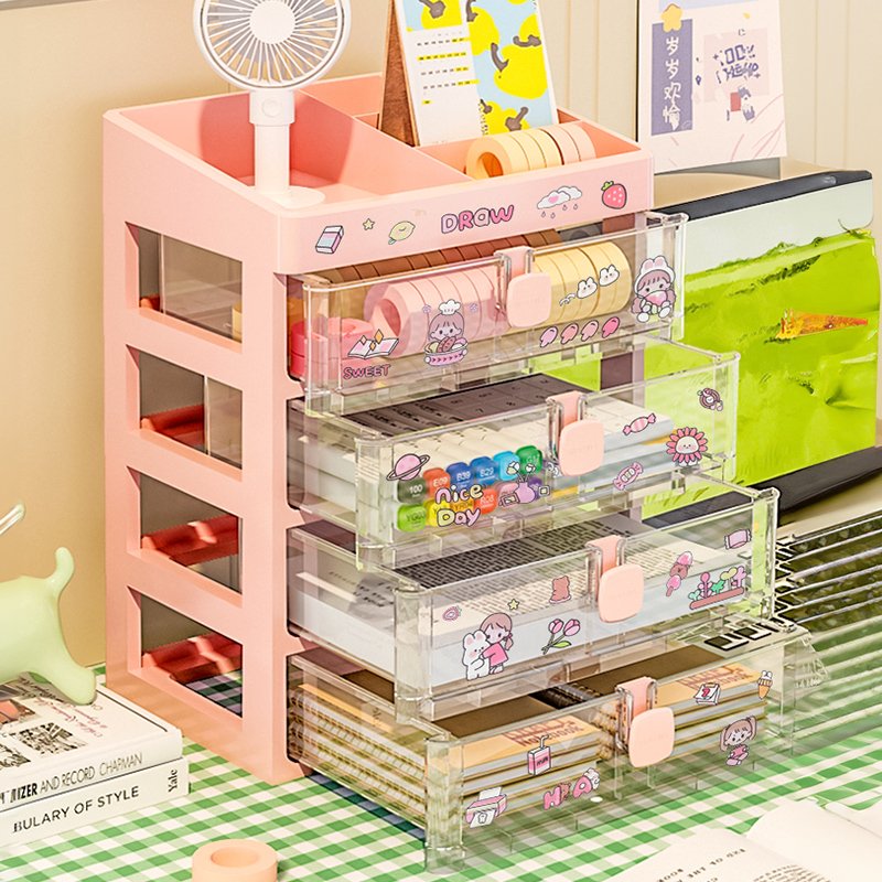 Drawer style storage box white two-layer plastic storage box pink three-layer organizing box With DIY