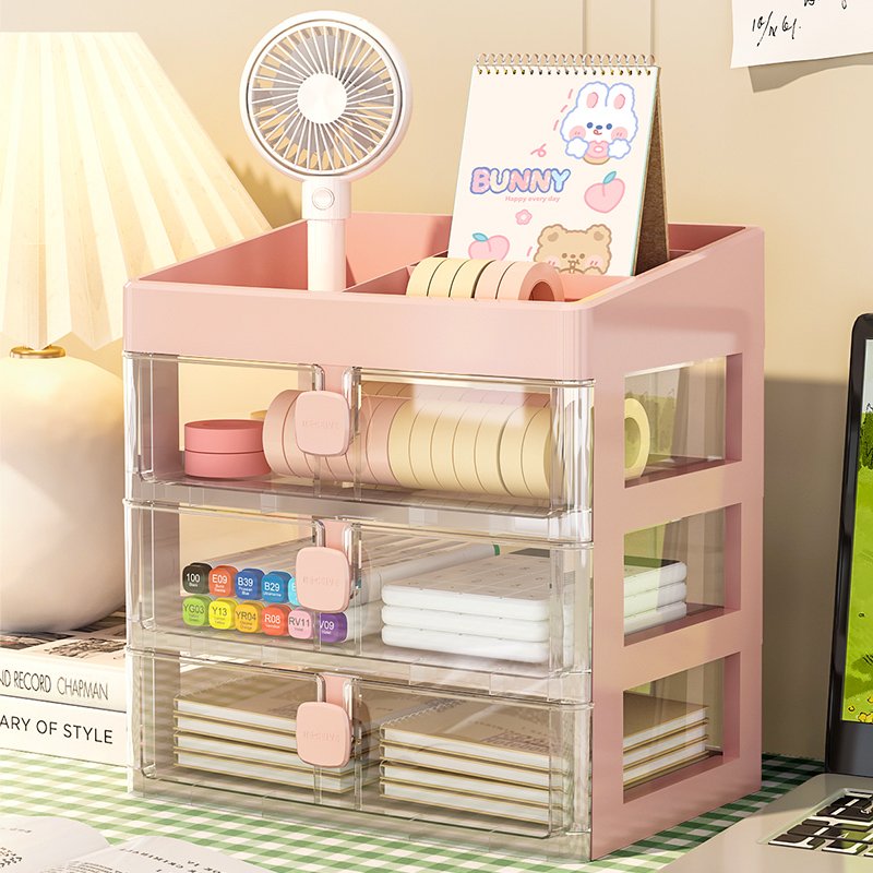 Drawer style storage box white two-layer plastic storage box pink three-layer organizing box With DIY
