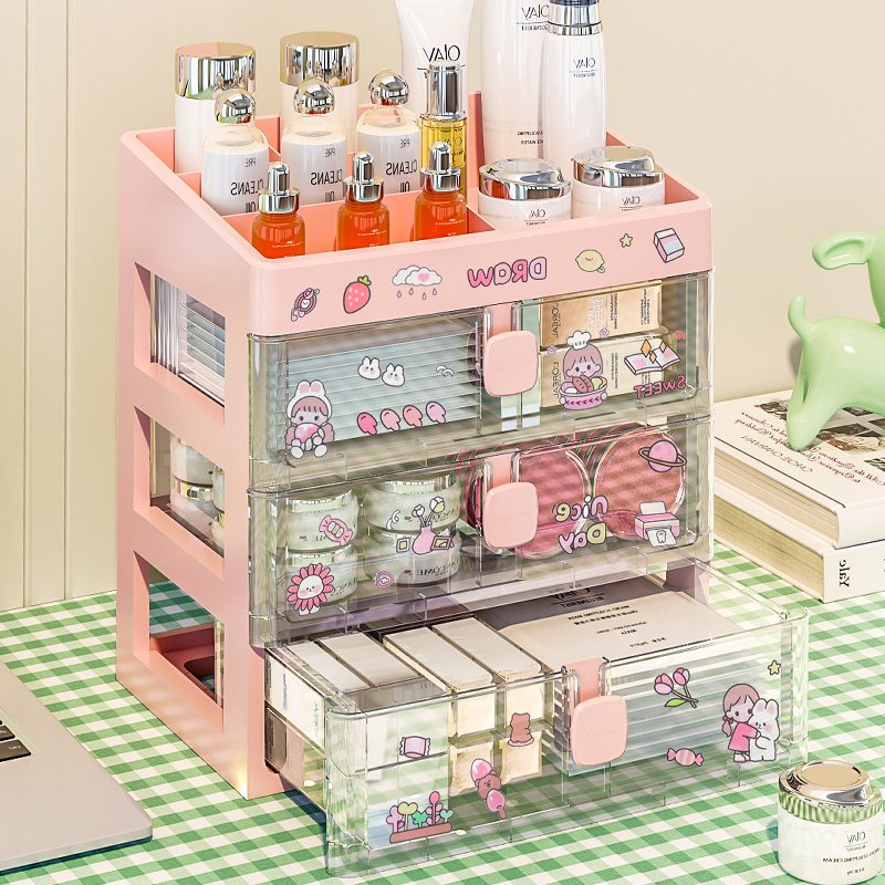 Drawer style storage box white two-layer plastic storage box pink three-layer organizing box With DIY