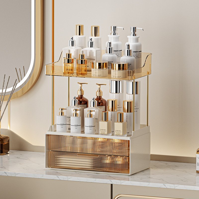 Luxury Lighted Vanity Table with Cosmetics Drawer Storage Rack - Organize Your Makeup Collection in Style!