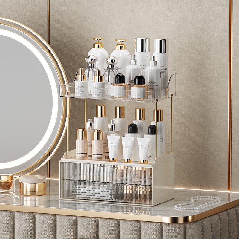 Luxury Lighted Vanity Table with Cosmetics Drawer Storage Rack - Organize Your Makeup Collection in Style!