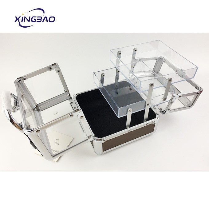 Travel 2 Trays Acrylic Small Clear See Through Cosmetic Organizer Box Transparent Makeup Train Case aluminum