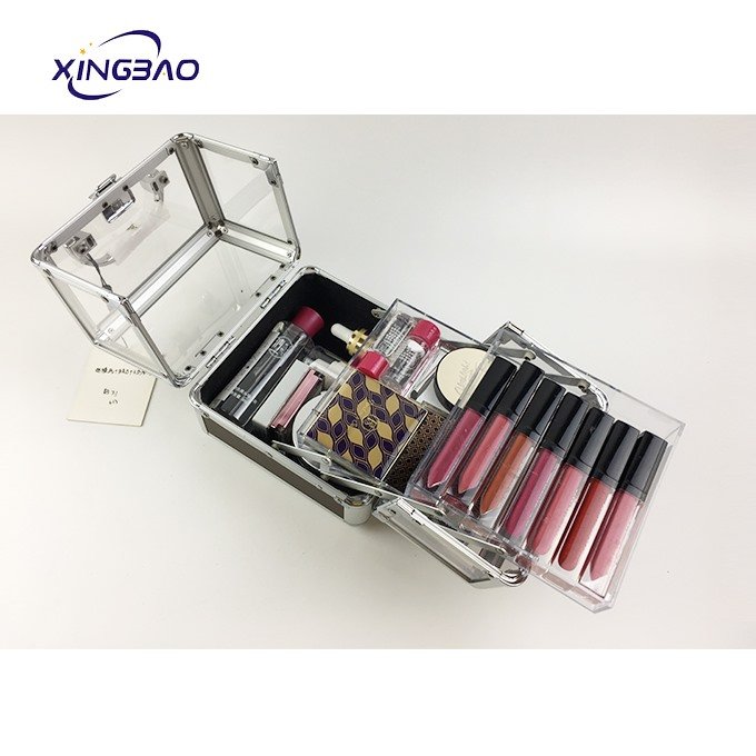 Travel 2 Trays Acrylic Small Clear See Through Cosmetic Organizer Box Transparent Makeup Train Case aluminum