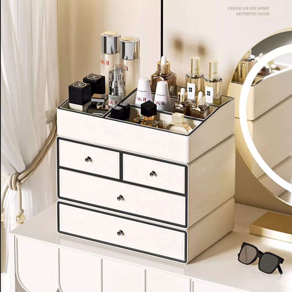 Frins Leather Comb Cases Storage Organizer Makeup Skin Care Box Cosmetic Desktop Cabinets Leather With Drawers