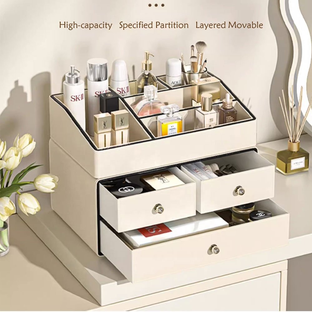 Frins Leather Comb Cases Storage Organizer Makeup Skin Care Box Cosmetic Desktop Cabinets Leather With Drawers