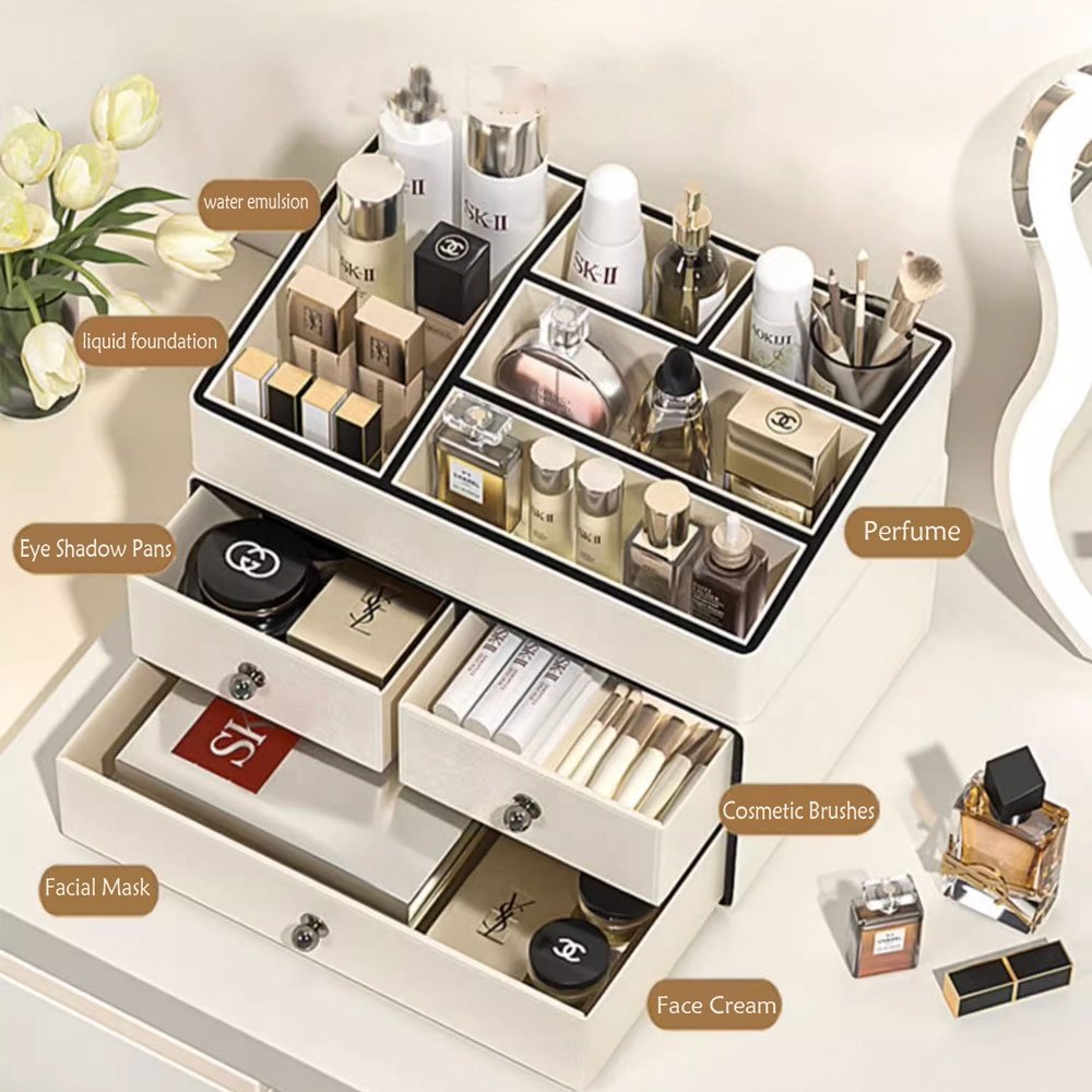 Frins Leather Comb Cases Storage Organizer Makeup Skin Care Box Cosmetic Desktop Cabinets Leather With Drawers