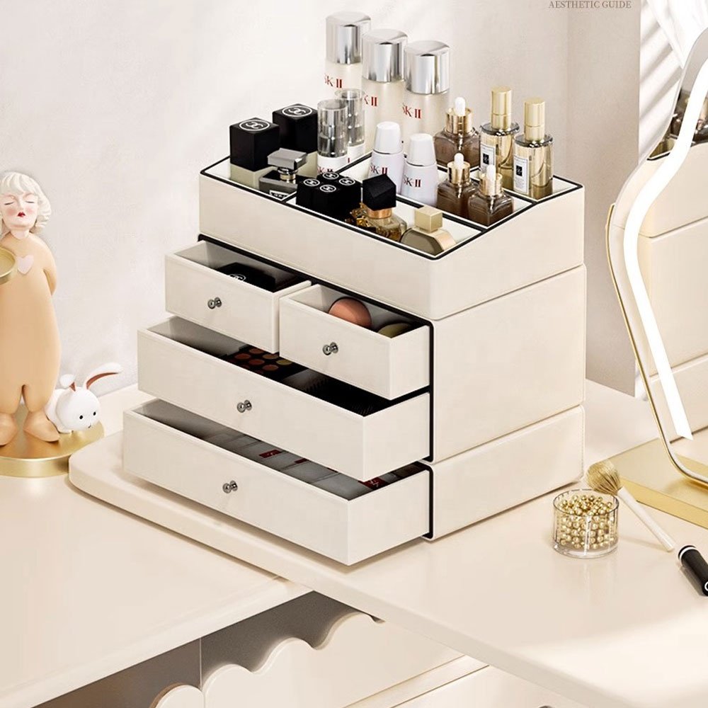 Frins Leather Comb Cases Storage Organizer Makeup Skin Care Box Cosmetic Desktop Cabinets Leather With Drawers