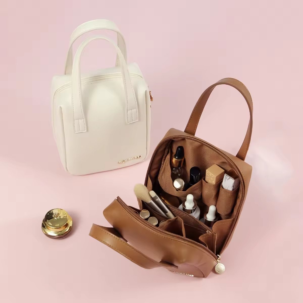 Custom Logo Women Pink Pu Luxury Large Capacity Waterproof Leather Wash Toiletry Travel Cosmetic Makeup Bag