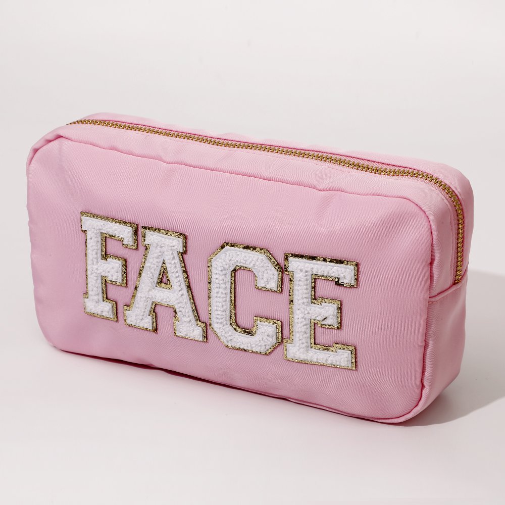 Keymay Stock Fashion Makeup Bag Organizers Embroidered Letter Patches Cosmetic Pouch Nylon Personalized Toiletry Bag
