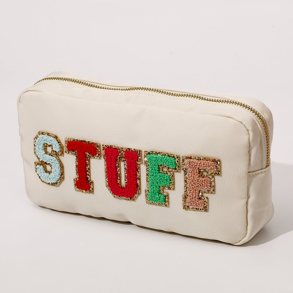 Keymay Stock Fashion Makeup Bag Organizers Embroidered Letter Patches Cosmetic Pouch Nylon Personalized Toiletry Bag