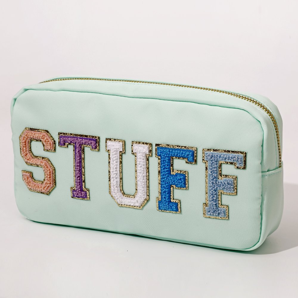 Keymay Stock Fashion Makeup Bag Organizers Embroidered Letter Patches Cosmetic Pouch Nylon Personalized Toiletry Bag