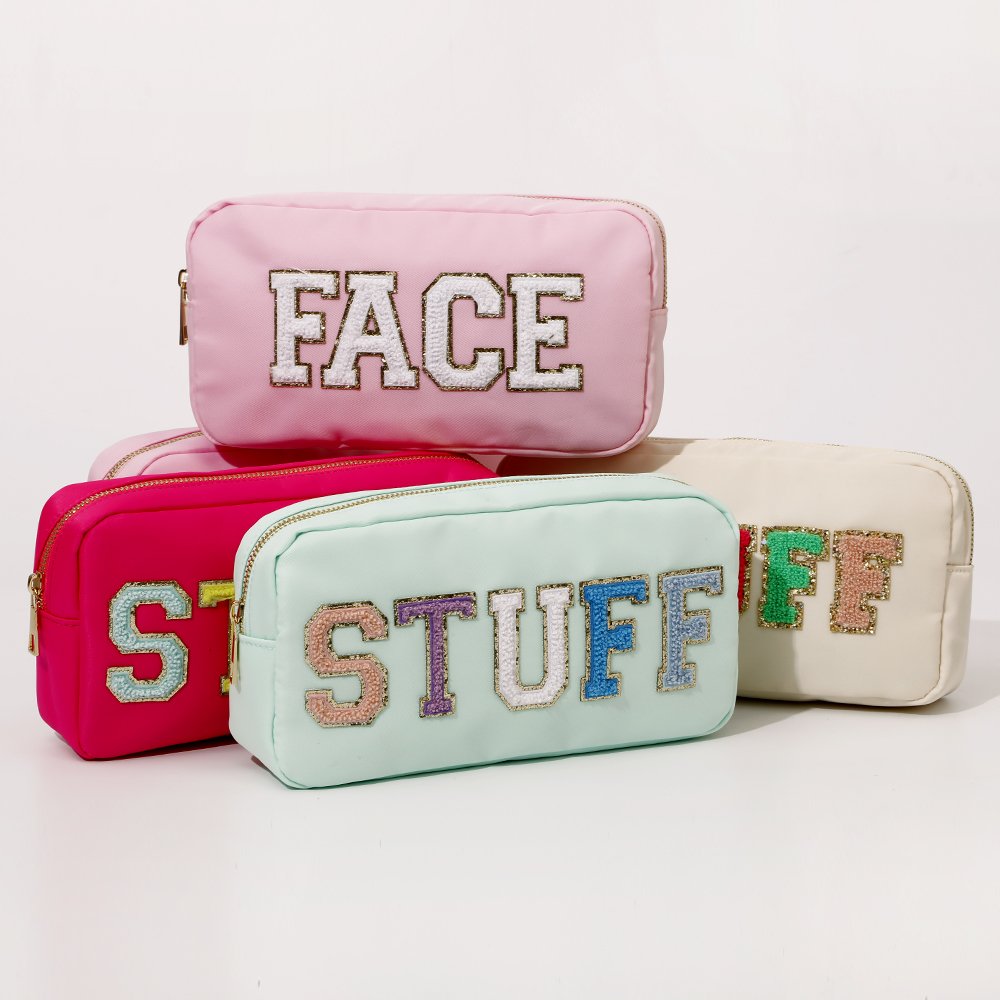 Keymay Stock Fashion Makeup Bag Organizers Embroidered Letter Patches Cosmetic Pouch Nylon Personalized Toiletry Bag