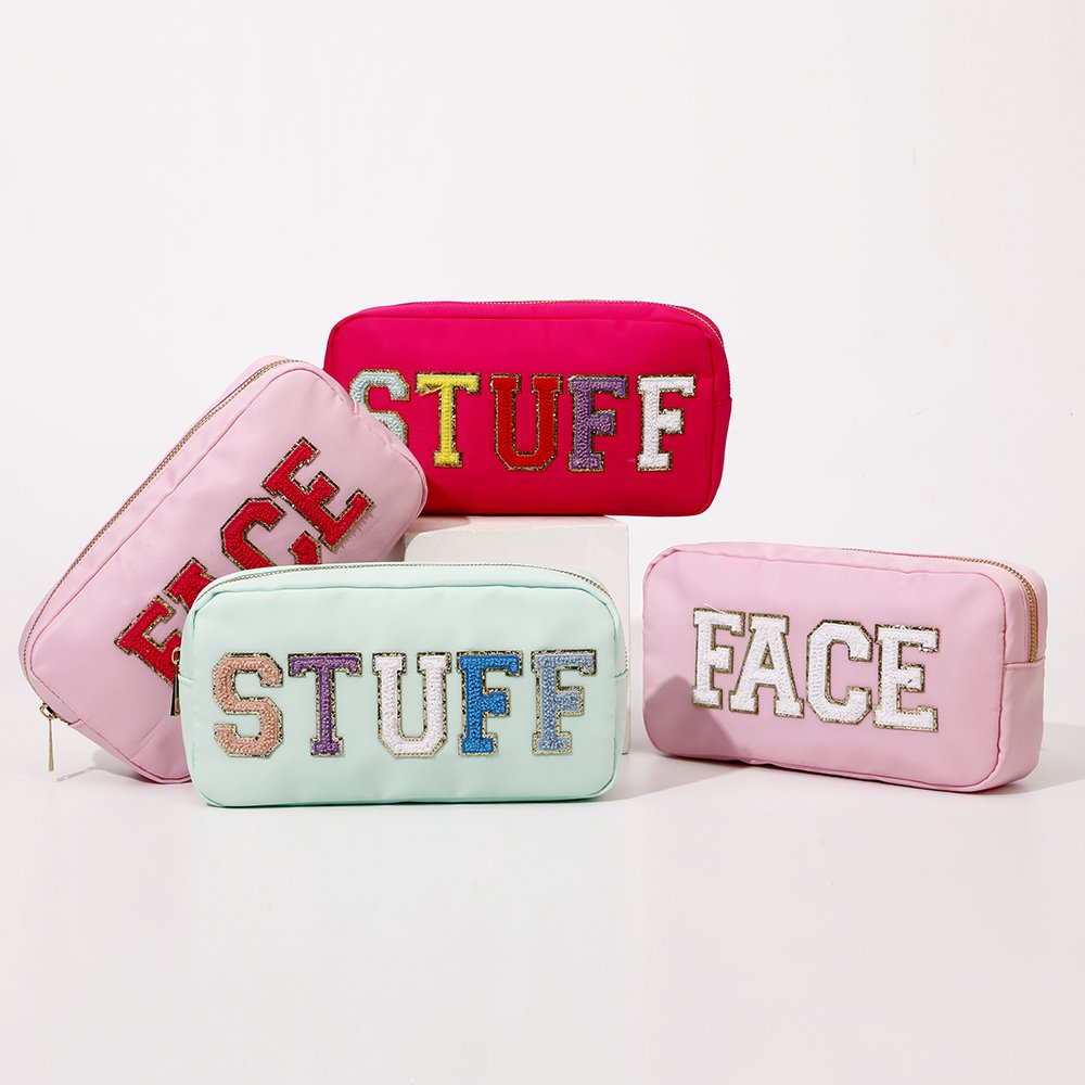 Keymay Stock Fashion Makeup Bag Organizers Embroidered Letter Patches Cosmetic Pouch Nylon Personalized Toiletry Bag