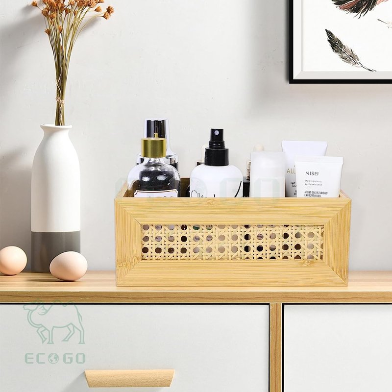 3 PCS Natural Bamboo Storage Bins Set Faux Rattan Frame Wicker Storage Baskets with Handles Sundry Office Drawer