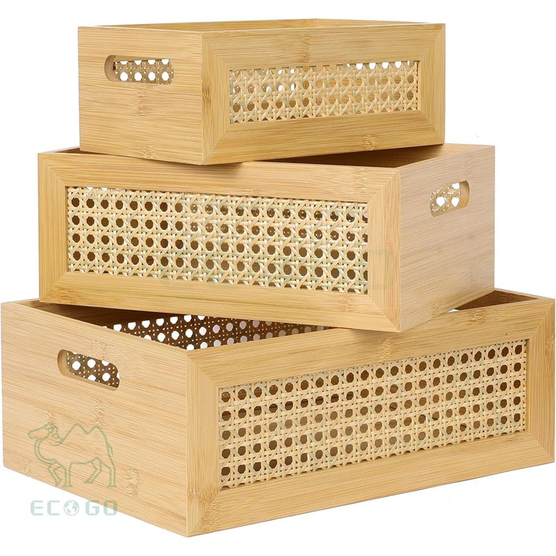 3 PCS Natural Bamboo Storage Bins Set Faux Rattan Frame Wicker Storage Baskets with Handles Sundry Office Drawer