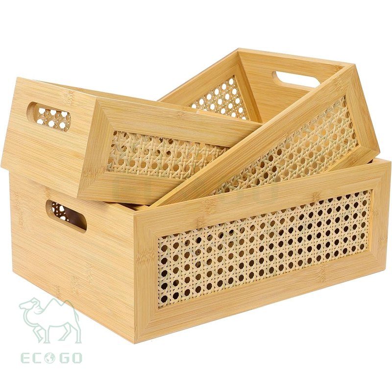 3 PCS Natural Bamboo Storage Bins Set Faux Rattan Frame Wicker Storage Baskets with Handles Sundry Office Drawer