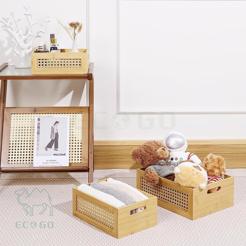 3 PCS Natural Bamboo Storage Bins Set Faux Rattan Frame Wicker Storage Baskets with Handles Sundry Office Drawer