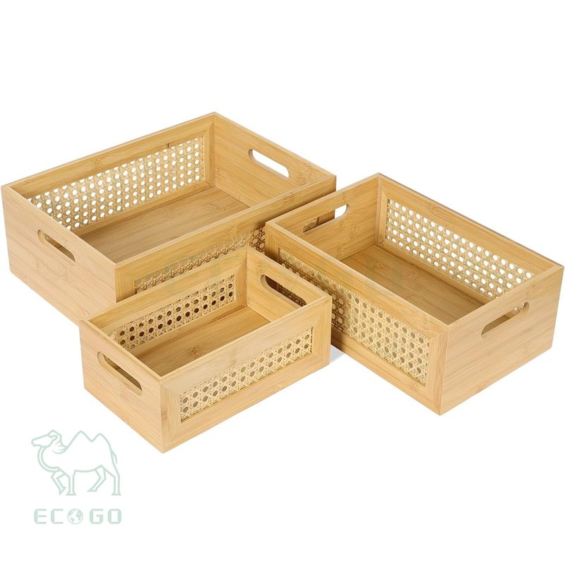 3 PCS Natural Bamboo Storage Bins Set Faux Rattan Frame Wicker Storage Baskets with Handles Sundry Office Drawer