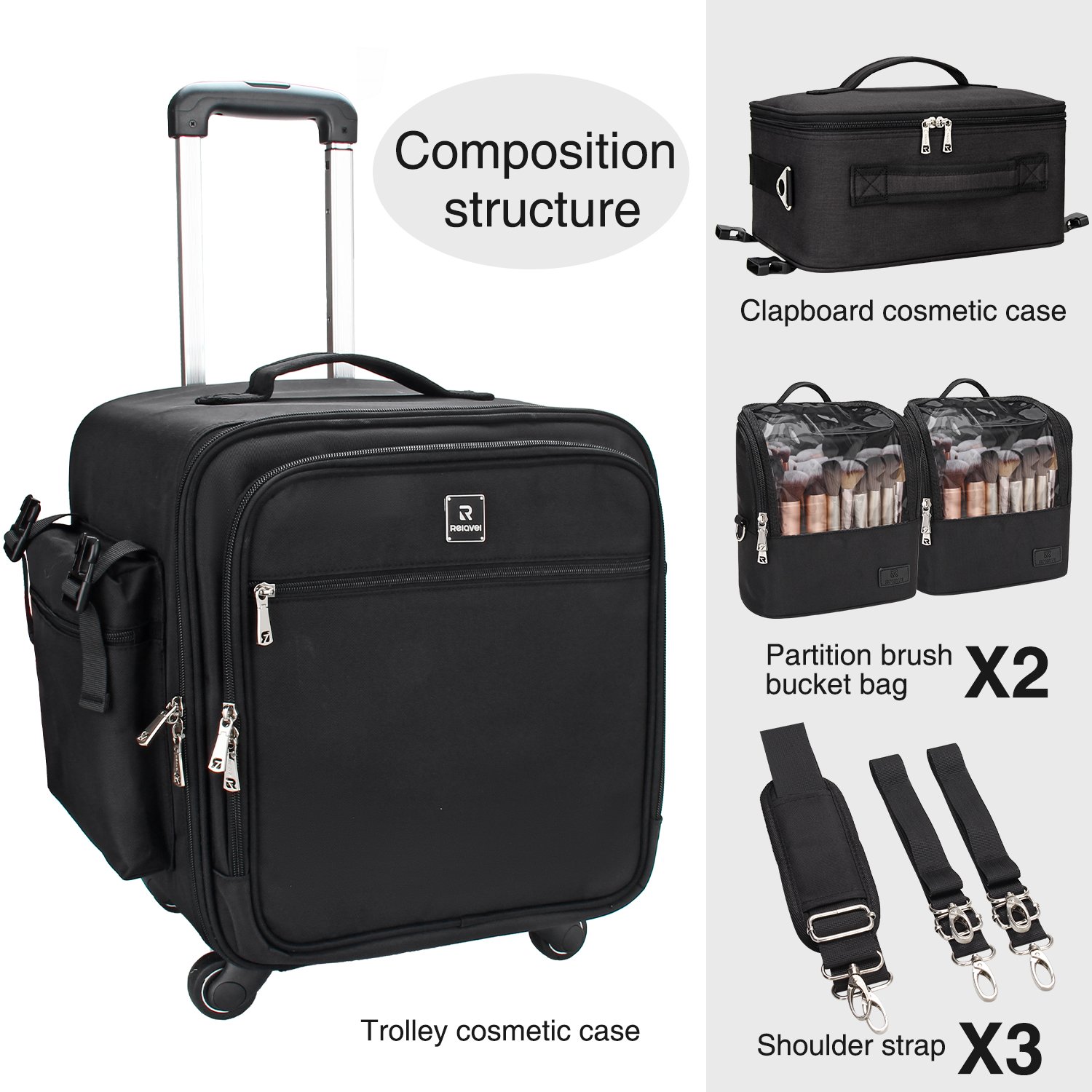 Relavel Size Trolley Makeup Case Plus Bucket Bag 4 Piece Set, Complete Makeup Organizer, Makeup Artist Travel Essentials