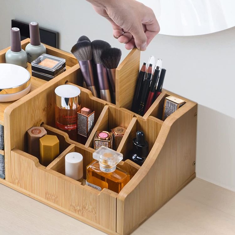 100% Natural Bamboo Unique Gift Idea Cosmetic Organizer Box Storage Makeup With Pu