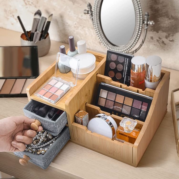 100% Natural Bamboo Unique Gift Idea Cosmetic Organizer Box Storage Makeup With Pu