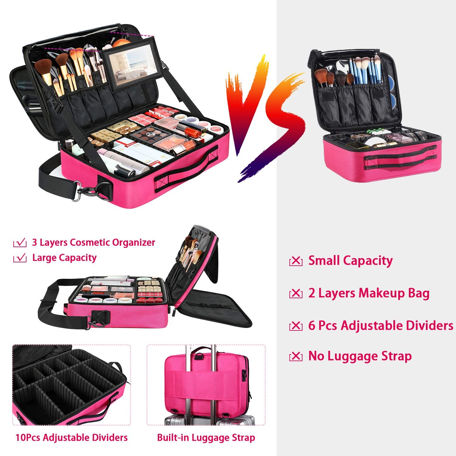 Large Professional Makeup Organizer with Mirror 3 Layers Artist Cosmetic Bags Cases