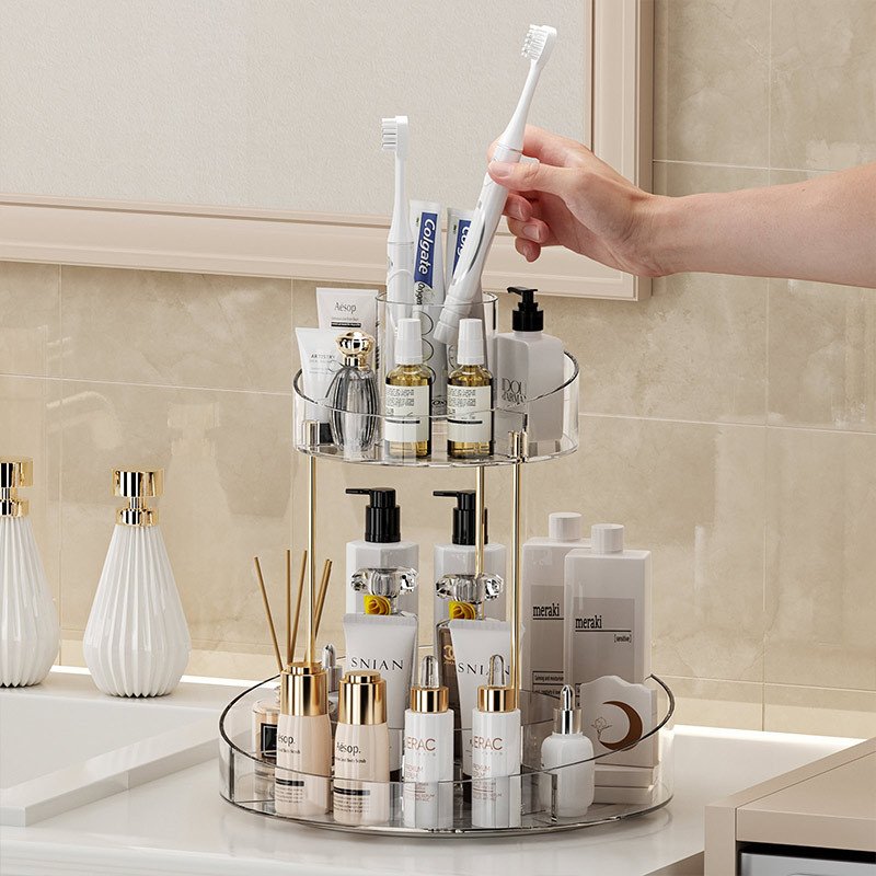 2-Tier Round Rotating Skincare Storage Extra Top Tray Included Large Capacity Toiletries Vanity Makeup Organizer Countertop
